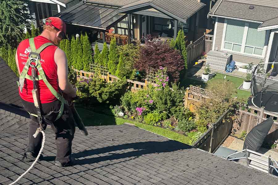 A Maple Washing technician wearing safety gear and a red uniform uses a blower on a steep residential roof surrounded by lush gardens and modern houses, performing Maple Ridge Roof De-Mossing and debris removal as part of exterior maintenance services.